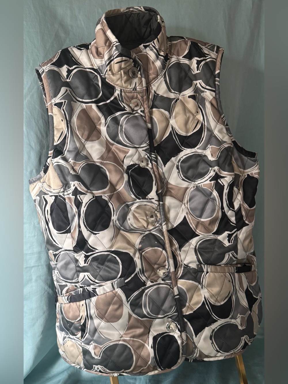 Coach Signature Ashley Quilted Sleeveless Reversible Vest in Black, Gray, Tan